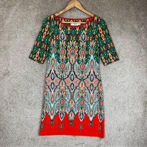 Eliza J Dress Womens 2 Red Green Short Sleeve Stretch Knee Length- 2906*